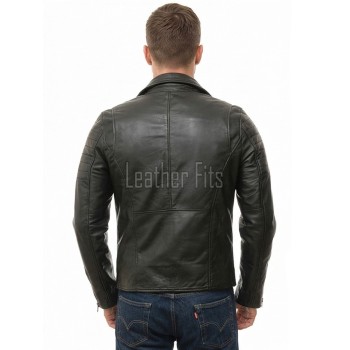 Men Black Leather Biker Jacket | Genuine Sheepskin Asymmetric Motorcycle Coat | Premium Quilted Shoulder Slanted Zipper Urban Rider Shell