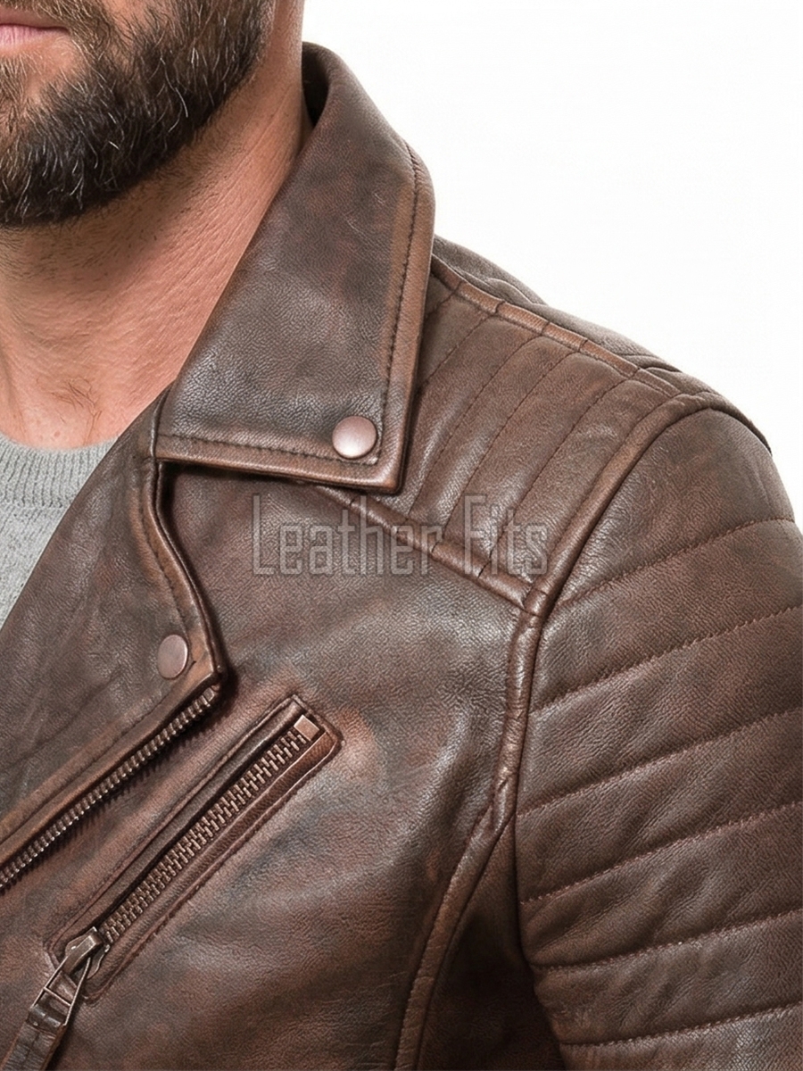 Men Distressed Brown Leather Biker Jacket | Vintage Cowhide Asymmetric Motorcycle Coat | Premium Quilted Shoulder Slanted Zipper Rider Outerwear