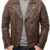 Men Distressed Brown Leather Biker Jacket | Vintage Cowhide Asymmetric Motorcycle Coat | Premium Quilted Shoulder Slanted Zipper Rider Outerwear