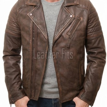 Men Distressed Brown Leather Biker Jacket | Vintage Cowhide Asymmetric Motorcycle Coat | Premium Quilted Shoulder Slanted Zipper Rider Outerwear