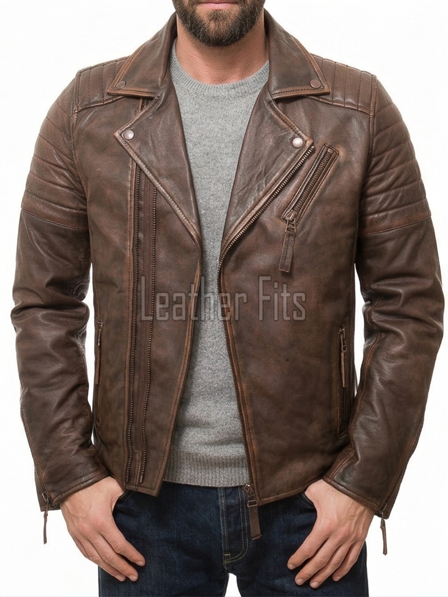 Men Distressed Brown Leather Biker Jacket | Vintage Cowhide Asymmetric Motorcycle Coat | Premium Quilted Shoulder Slanted Zipper Rider Outerwear