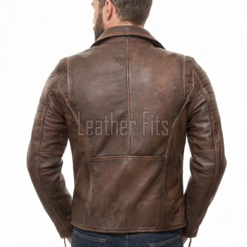 Men Distressed Brown Leather Biker Jacket | Vintage Cowhide Asymmetric Motorcycle Coat | Premium Quilted Shoulder Slanted Zipper Rider Outerwear