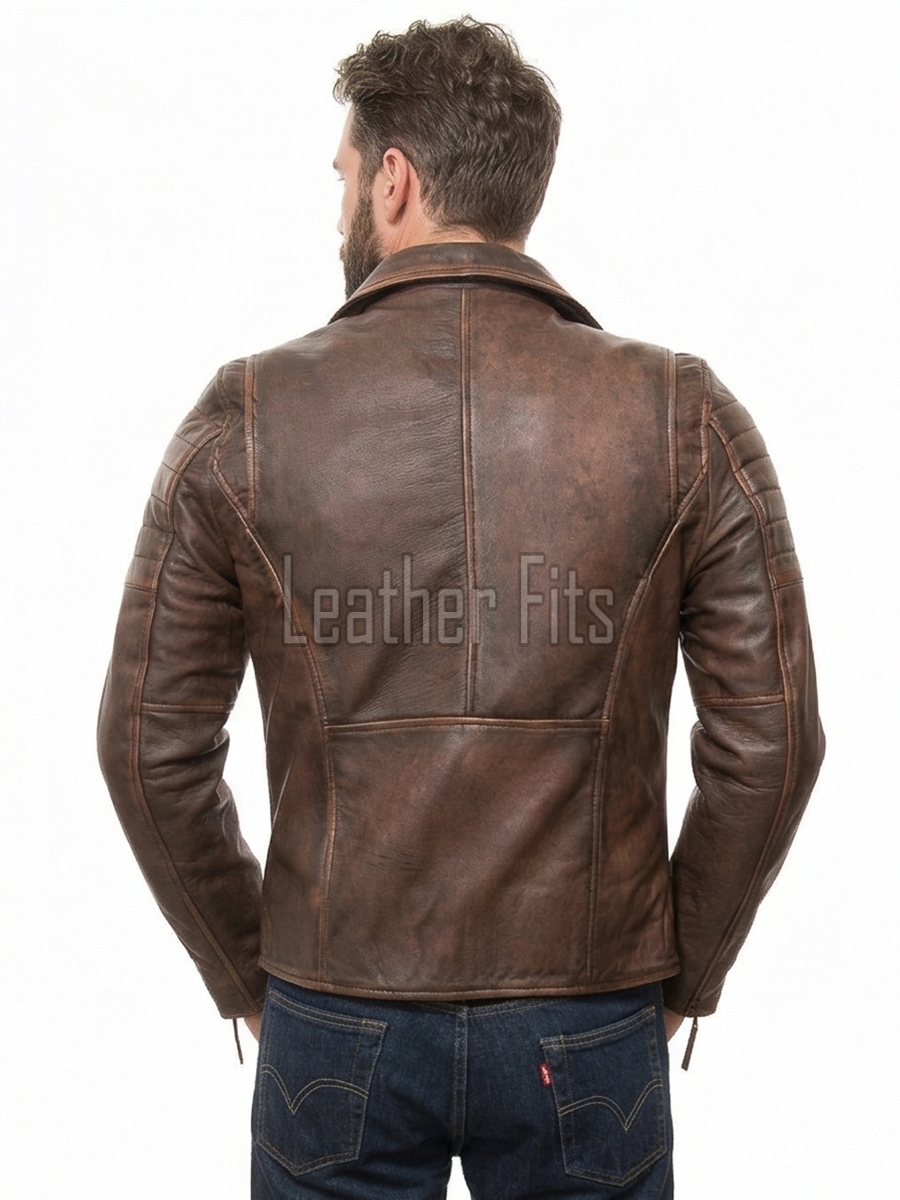 Men Distressed Brown Leather Biker Jacket | Vintage Cowhide Asymmetric Motorcycle Coat | Premium Quilted Shoulder Slanted Zipper Rider Outerwear