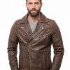 Men Distressed Brown Leather Biker Jacket | Vintage Cowhide Asymmetric Motorcycle Coat | Premium Quilted Shoulder Slanted Zipper Rider Outerwear