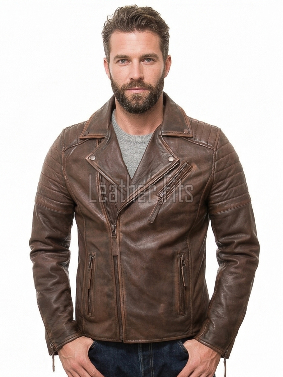 Men Distressed Brown Leather Biker Jacket | Vintage Cowhide Asymmetric Motorcycle Coat | Premium Quilted Shoulder Slanted Zipper Rider Outerwear