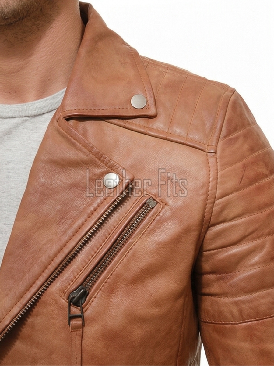 Men Tan Brown Leather Biker Jacket | Vintage Sheepskin Asymmetric Motorcycle Coat | Premium Quilted Shoulder Slanted Zipper Rider Outerwear