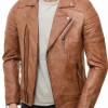 Men Tan Brown Leather Biker Jacket | Vintage Sheepskin Asymmetric Motorcycle Coat | Premium Quilted Shoulder Slanted Zipper Rider Outerwear