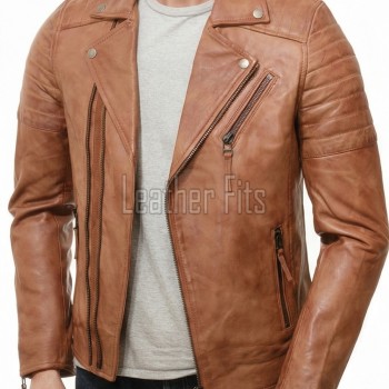 Men Tan Brown Leather Biker Jacket | Vintage Sheepskin Asymmetric Motorcycle Coat | Premium Quilted Shoulder Slanted Zipper Rider Outerwear