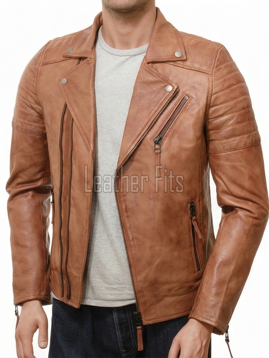 Men Tan Brown Leather Biker Jacket | Vintage Sheepskin Asymmetric Motorcycle Coat | Premium Quilted Shoulder Slanted Zipper Rider Outerwear