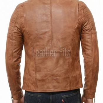 Men Tan Brown Leather Biker Jacket | Vintage Sheepskin Asymmetric Motorcycle Coat | Premium Quilted Shoulder Slanted Zipper Rider Outerwear