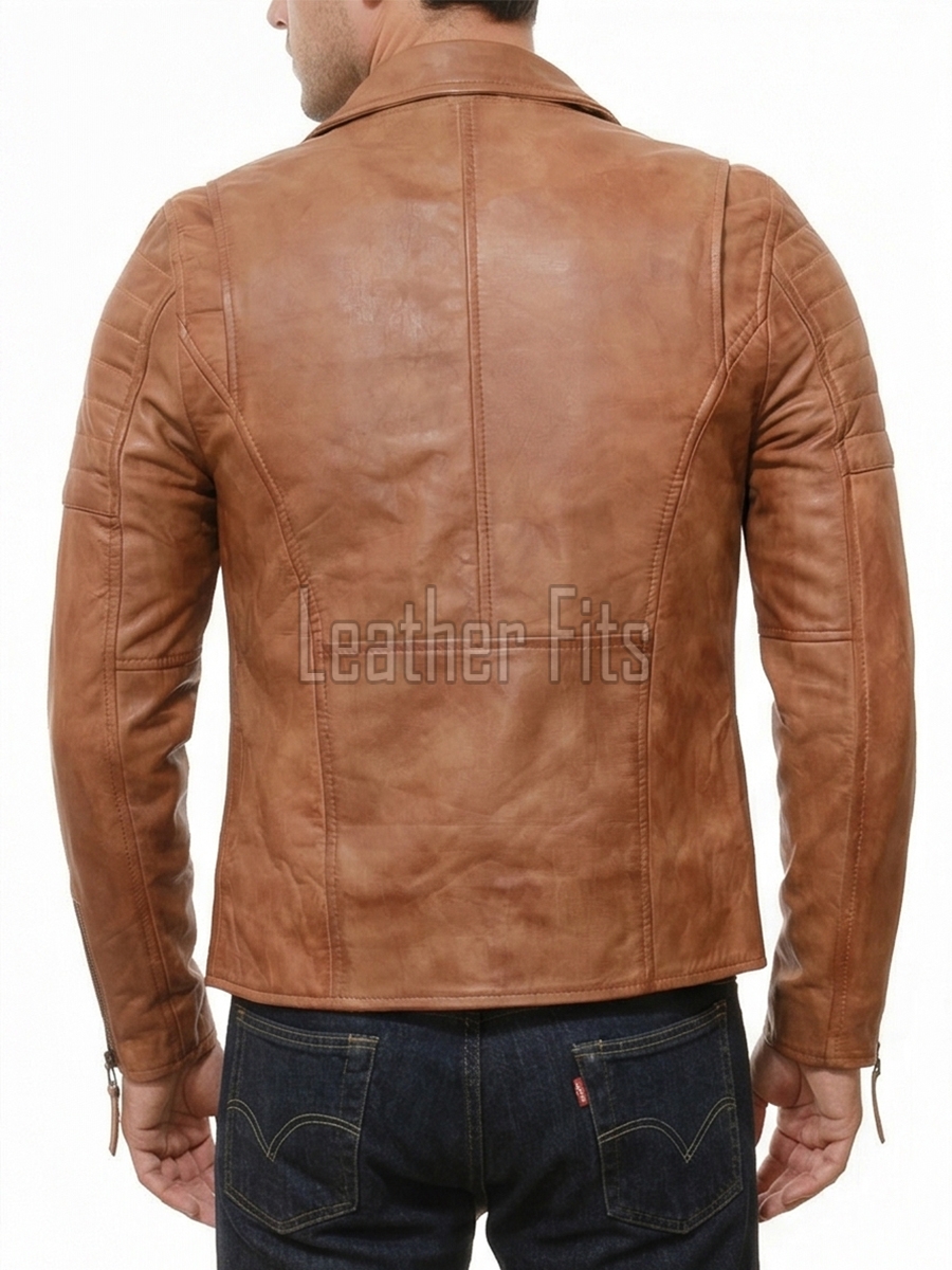 Men Tan Brown Leather Biker Jacket | Vintage Sheepskin Asymmetric Motorcycle Coat | Premium Quilted Shoulder Slanted Zipper Rider Outerwear
