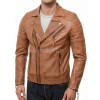 Men Tan Brown Leather Biker Jacket | Vintage Sheepskin Asymmetric Motorcycle Coat | Premium Quilted Shoulder Slanted Zipper Rider Outerwear