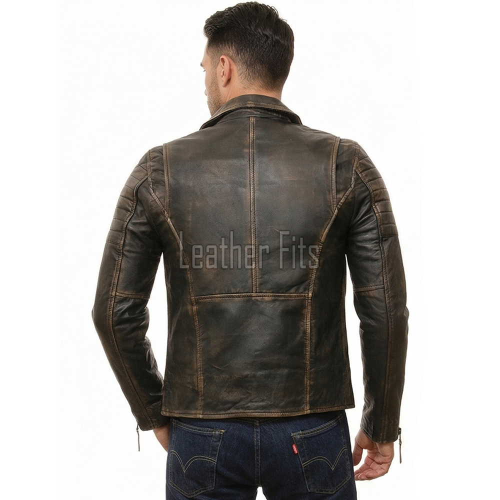 Men Distressed Charcoal Biker Jacket | Vintage Dark Brown Asymmetric Motorcycle Coat | Premium Quilted Shoulder Slanted Zipper Rider Shell