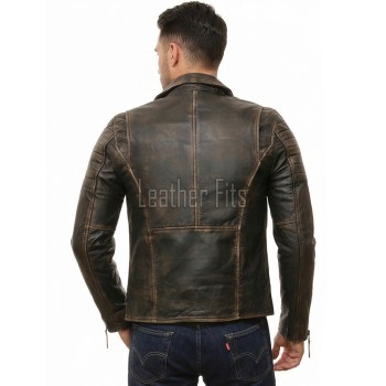 Men Distressed Charcoal Biker Jacket | Vintage Dark Brown Asymmetric Motorcycle Coat | Premium Quilted Shoulder Slanted Zipper Rider Shell