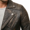 Men Distressed Charcoal Biker Jacket | Vintage Dark Brown Asymmetric Motorcycle Coat | Premium Quilted Shoulder Slanted Zipper Rider Shell