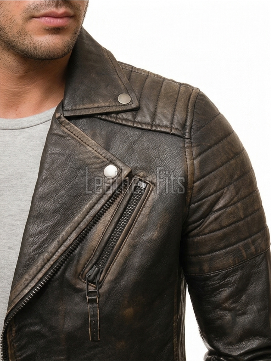 Men Distressed Charcoal Biker Jacket | Vintage Dark Brown Asymmetric Motorcycle Coat | Premium Quilted Shoulder Slanted Zipper Rider Shell