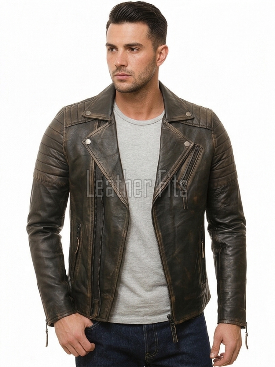 Men Distressed Charcoal Biker Jacket | Vintage Dark Brown Asymmetric Motorcycle Coat | Premium Quilted Shoulder Slanted Zipper Rider Shell