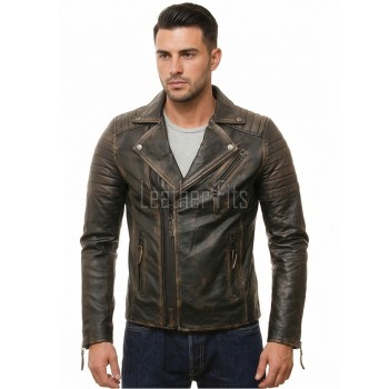 Men Distressed Charcoal Biker Jacket | Vintage Dark Brown Asymmetric Motorcycle Coat | Premium Quilted Shoulder Slanted Zipper Rider Shell