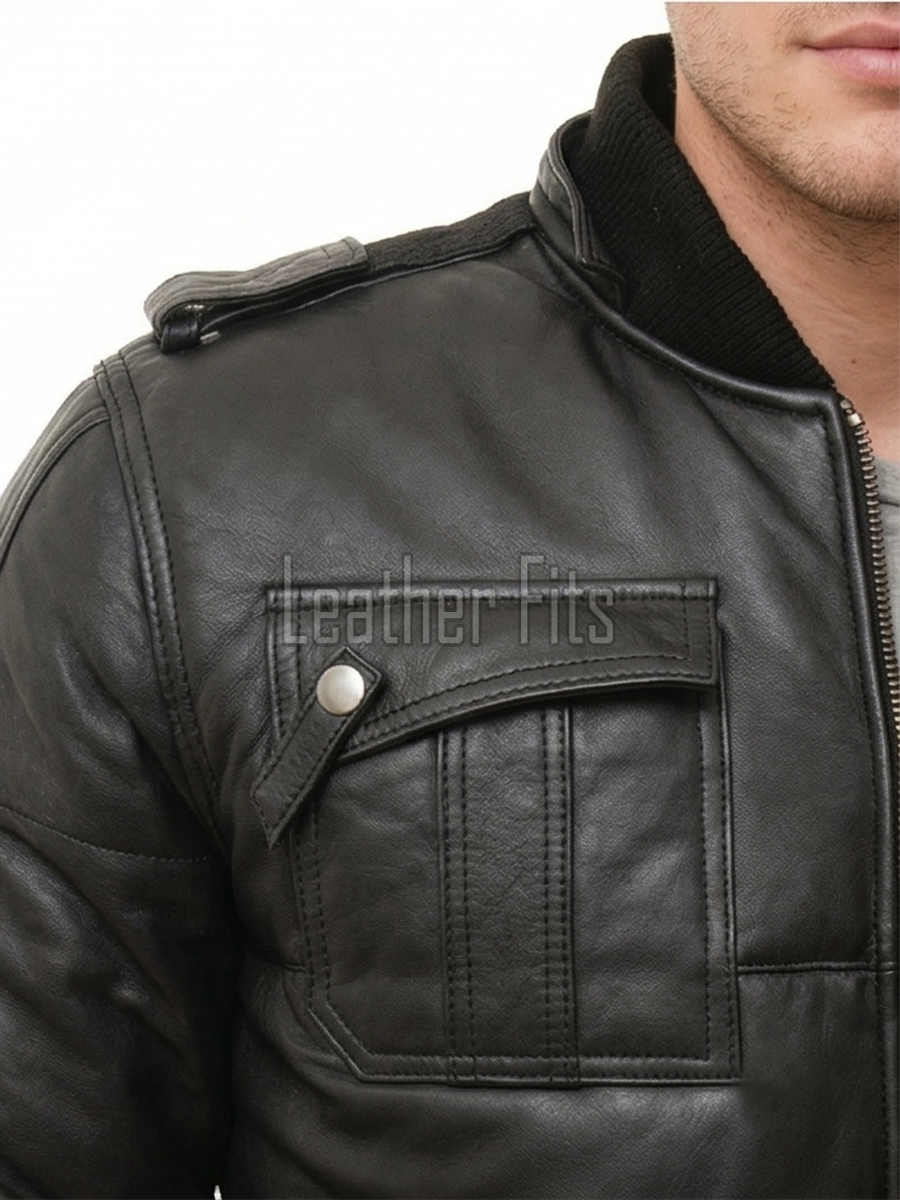 Men Black Leather Hooded Bomber Jacket | Insulated Urban Moto Puffer Coat | Premium Detachable Hood Ribbed Trim Pocketed Outerwear