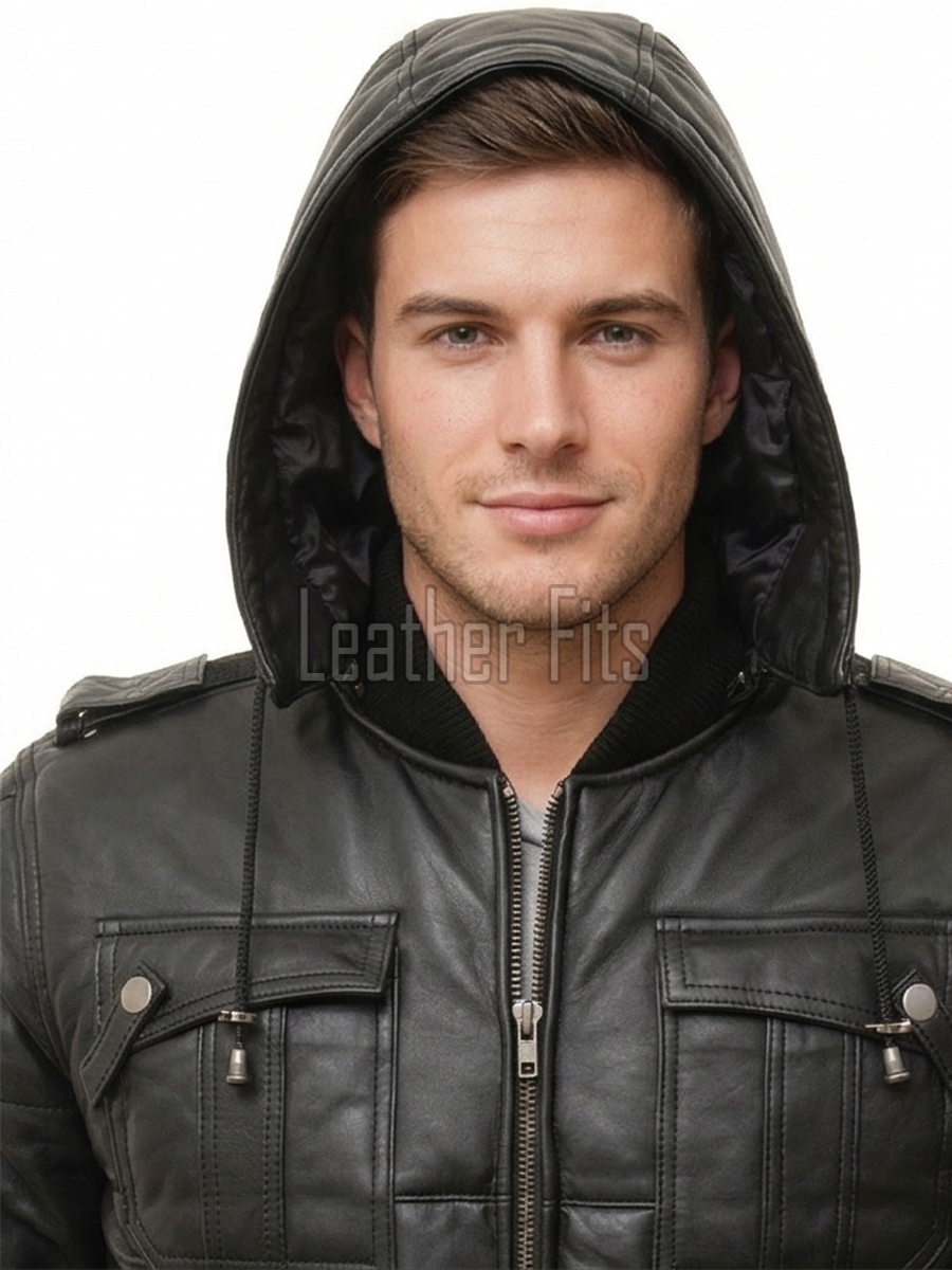 Men Black Leather Hooded Bomber Jacket | Insulated Urban Moto Puffer Coat | Premium Detachable Hood Ribbed Trim Pocketed Outerwear