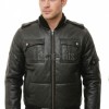 Men Black Leather Hooded Bomber Jacket | Insulated Urban Moto Puffer Coat | Premium Detachable Hood Ribbed Trim Pocketed Outerwear