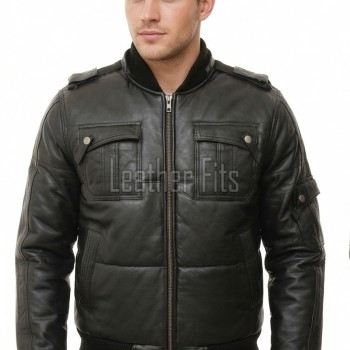 Men Black Leather Hooded Bomber Jacket | Insulated Urban Moto Puffer Coat | Premium Detachable Hood Ribbed Trim Pocketed Outerwear