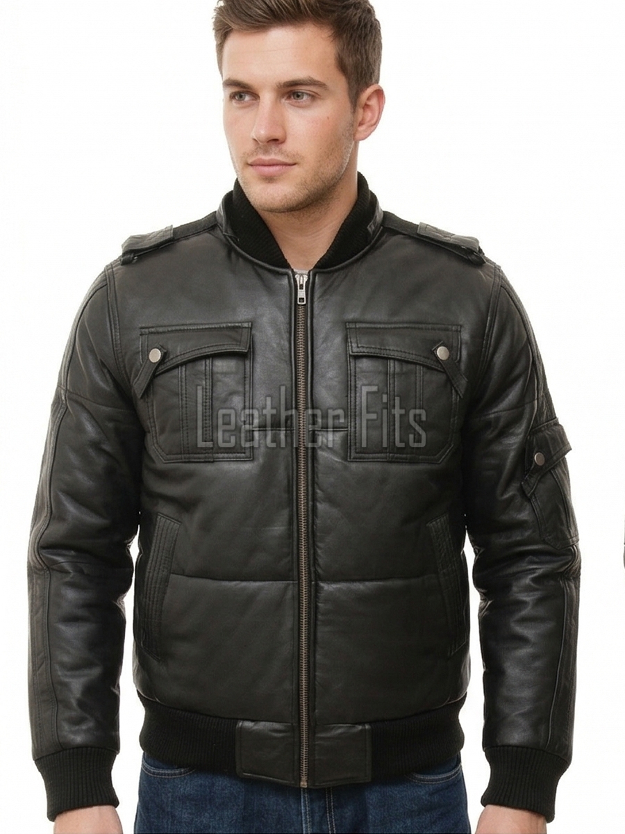 Men Black Leather Hooded Bomber Jacket | Insulated Urban Moto Puffer Coat | Premium Detachable Hood Ribbed Trim Pocketed Outerwear