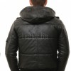 Men Black Leather Hooded Bomber Jacket | Insulated Urban Moto Puffer Coat | Premium Detachable Hood Ribbed Trim Pocketed Outerwear