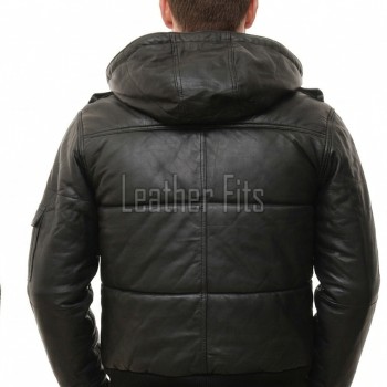 Men Black Leather Hooded Bomber Jacket | Insulated Urban Moto Puffer Coat | Premium Detachable Hood Ribbed Trim Pocketed Outerwear