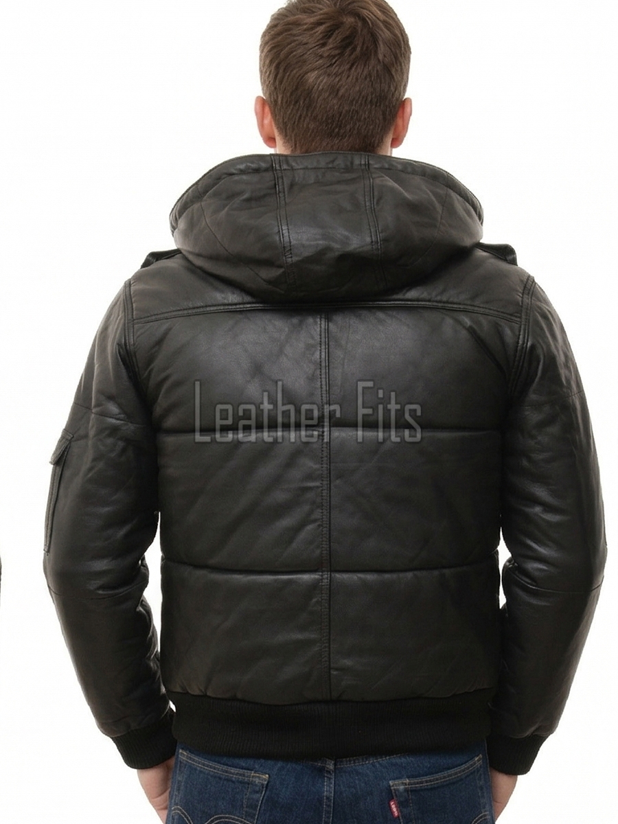 Men Black Leather Hooded Bomber Jacket | Insulated Urban Moto Puffer Coat | Premium Detachable Hood Ribbed Trim Pocketed Outerwear