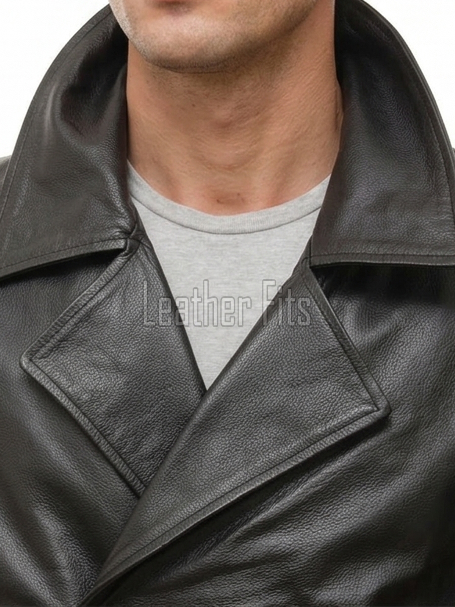 Men Black Leather Trench Coat | Vintage Double Breasted Long Military Jacket | Premium Officer Overcoat Classic Lapel Mid Length Parka Shell