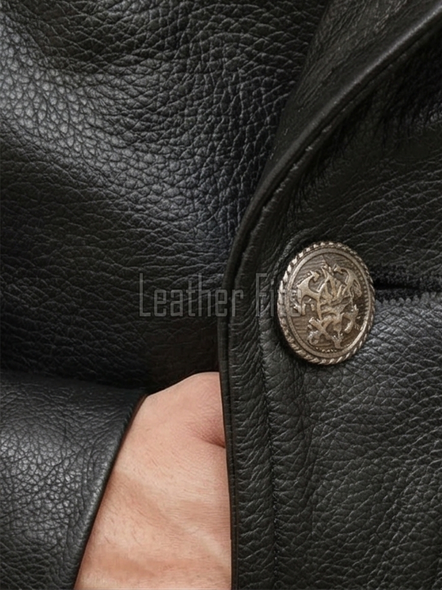 Men Black Leather Trench Coat | Vintage Double Breasted Long Military Jacket | Premium Officer Overcoat Classic Lapel Mid Length Parka Shell