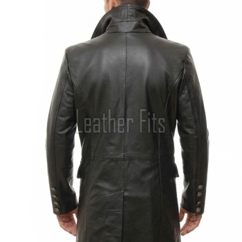 Men Black Leather Trench Coat | Vintage Double Breasted Long Military Jacket | Premium Officer Overcoat Classic Lapel Mid Length Parka Shell