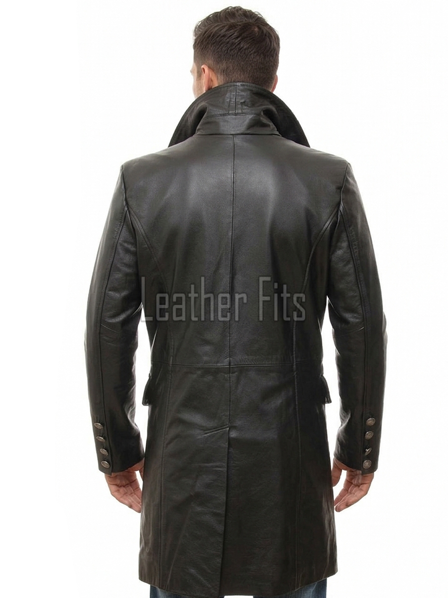 Men Black Leather Trench Coat | Vintage Double Breasted Long Military Jacket | Premium Officer Overcoat Classic Lapel Mid Length Parka Shell