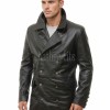 Men Black Leather Trench Coat | Vintage Double Breasted Long Military Jacket | Premium Officer Overcoat Classic Lapel Mid Length Parka Shell