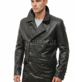 Men Black Leather Trench Coat | Vintage Double Breasted Long Military Jacket | Premium Officer Overcoat Classic Lapel Mid Length Parka Shell