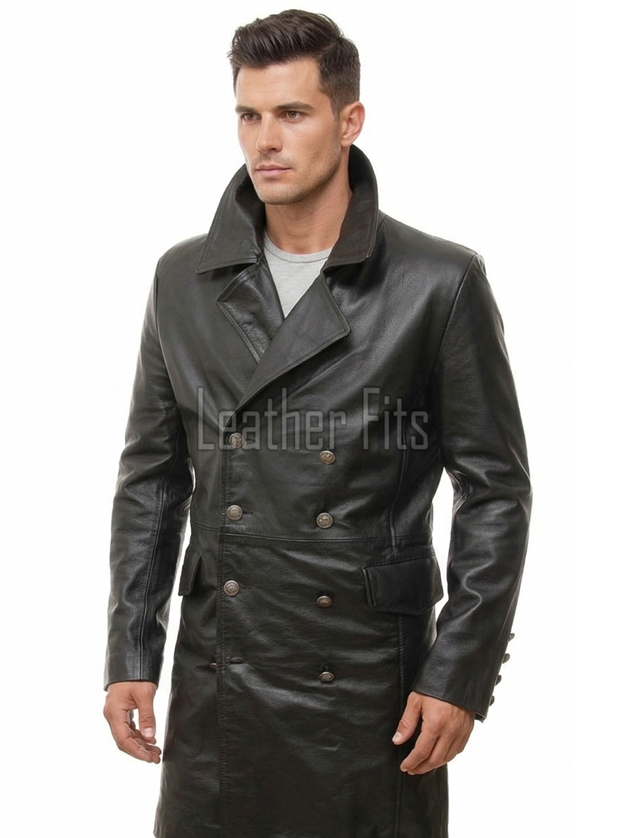 Men Black Leather Trench Coat | Vintage Double Breasted Long Military Jacket | Premium Officer Overcoat Classic Lapel Mid Length Parka Shell