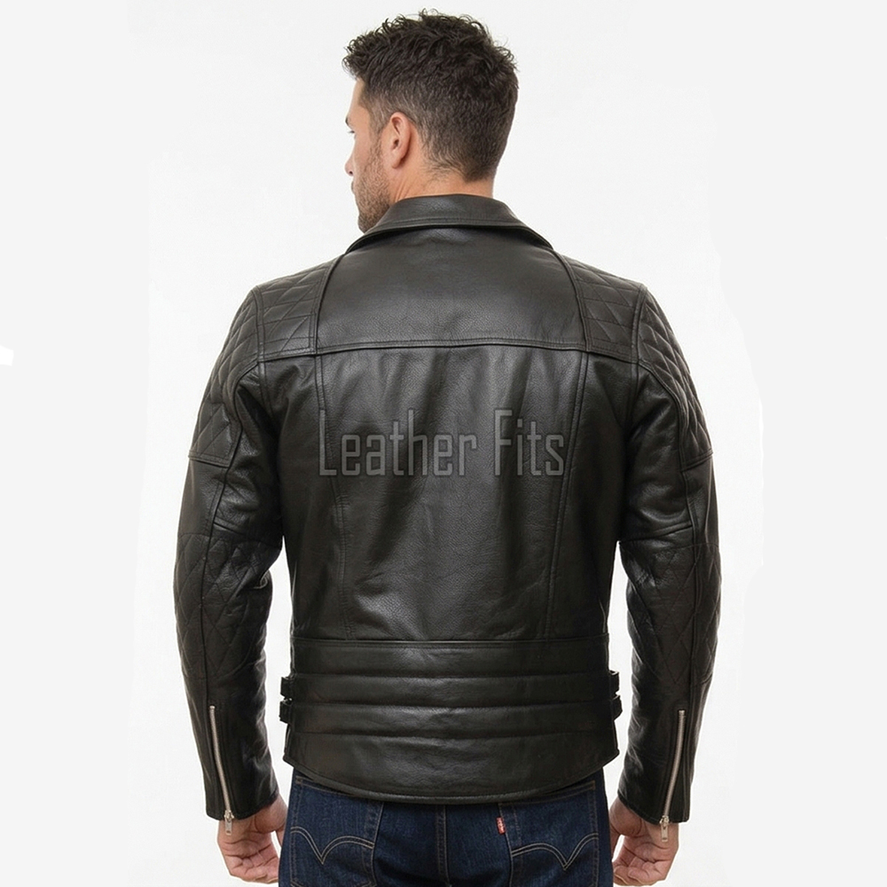 Men Black Leather Biker Jacket | Vintage Diamond Quilted Asymmetric Motorcycle Coat | Premium Leather Rider Jacket Side Buckle Branded Shell
