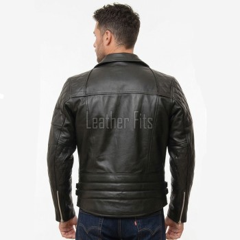Men Black Leather Biker Jacket | Vintage Diamond Quilted Asymmetric Motorcycle Coat | Premium Leather Rider Jacket Side Buckle Branded Shell