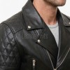 Men Black Leather Biker Jacket | Vintage Diamond Quilted Asymmetric Motorcycle Coat | Premium Leather Rider Jacket Side Buckle Branded Shell