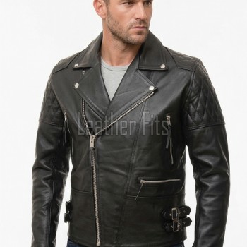 Men Black Leather Biker Jacket | Vintage Diamond Quilted Asymmetric Motorcycle Coat | Premium Leather Rider Jacket Side Buckle Branded Shell