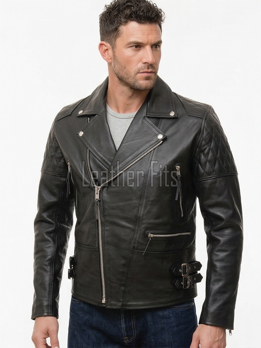 Men Black Leather Biker Jacket | Vintage Diamond Quilted Asymmetric Motorcycle Coat | Premium Leather Rider Jacket Side Buckle Branded Shell