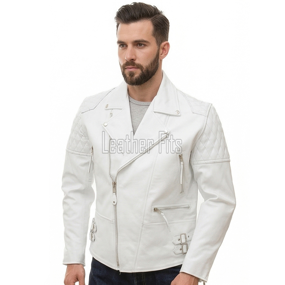 Men White Leather Biker Jacket | Vintage Diamond Quilted Asymmetric Motorcycle Coat | Premium Alabaster Leather Rider Side Buckle Shell