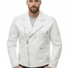 Men White Leather Biker Jacket | Vintage Diamond Quilted Asymmetric Motorcycle Coat | Premium Alabaster Leather Rider Side Buckle Shell