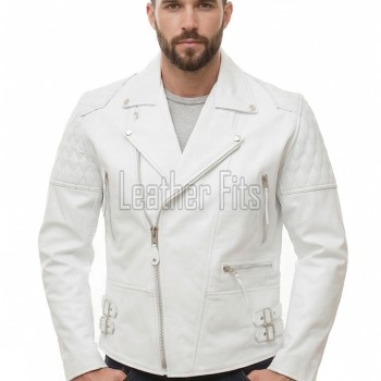 Men White Leather Biker Jacket | Vintage Diamond Quilted Asymmetric Motorcycle Coat | Premium Alabaster Leather Rider Side Buckle Shell