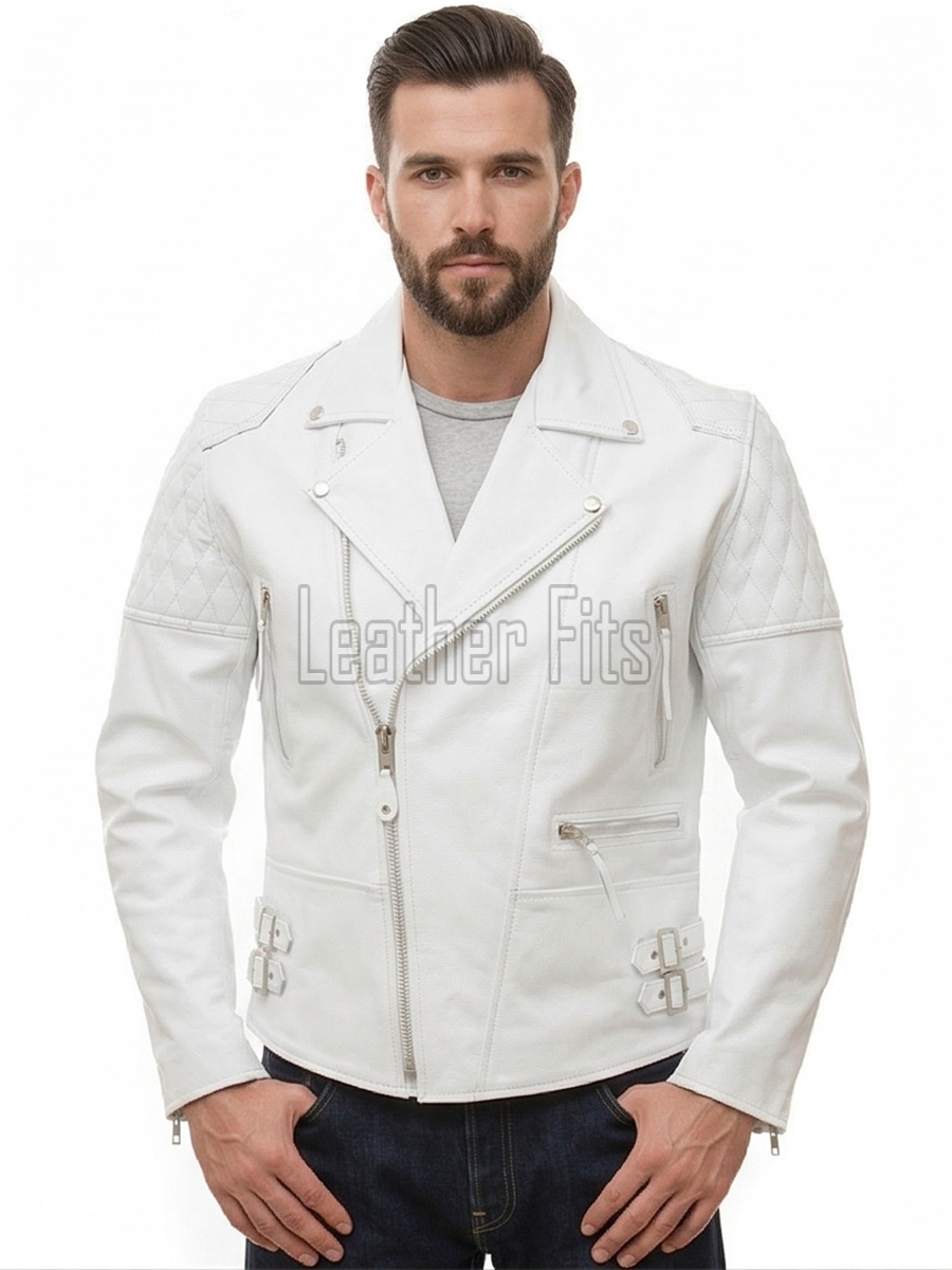 Men White Leather Biker Jacket | Vintage Diamond Quilted Asymmetric Motorcycle Coat | Premium Alabaster Leather Rider Side Buckle Shell