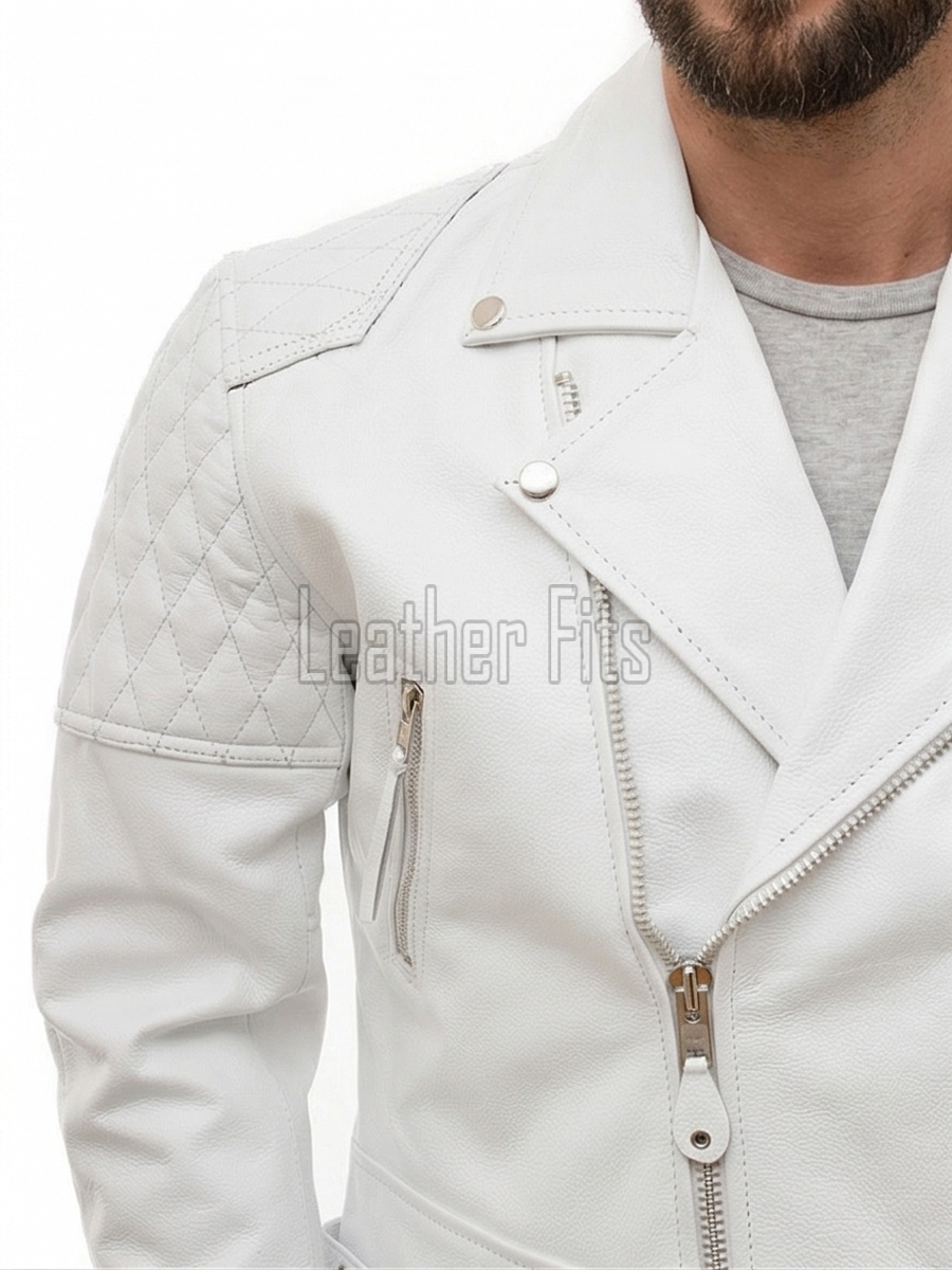 Men White Leather Biker Jacket | Vintage Diamond Quilted Asymmetric Motorcycle Coat | Premium Alabaster Leather Rider Side Buckle Shell