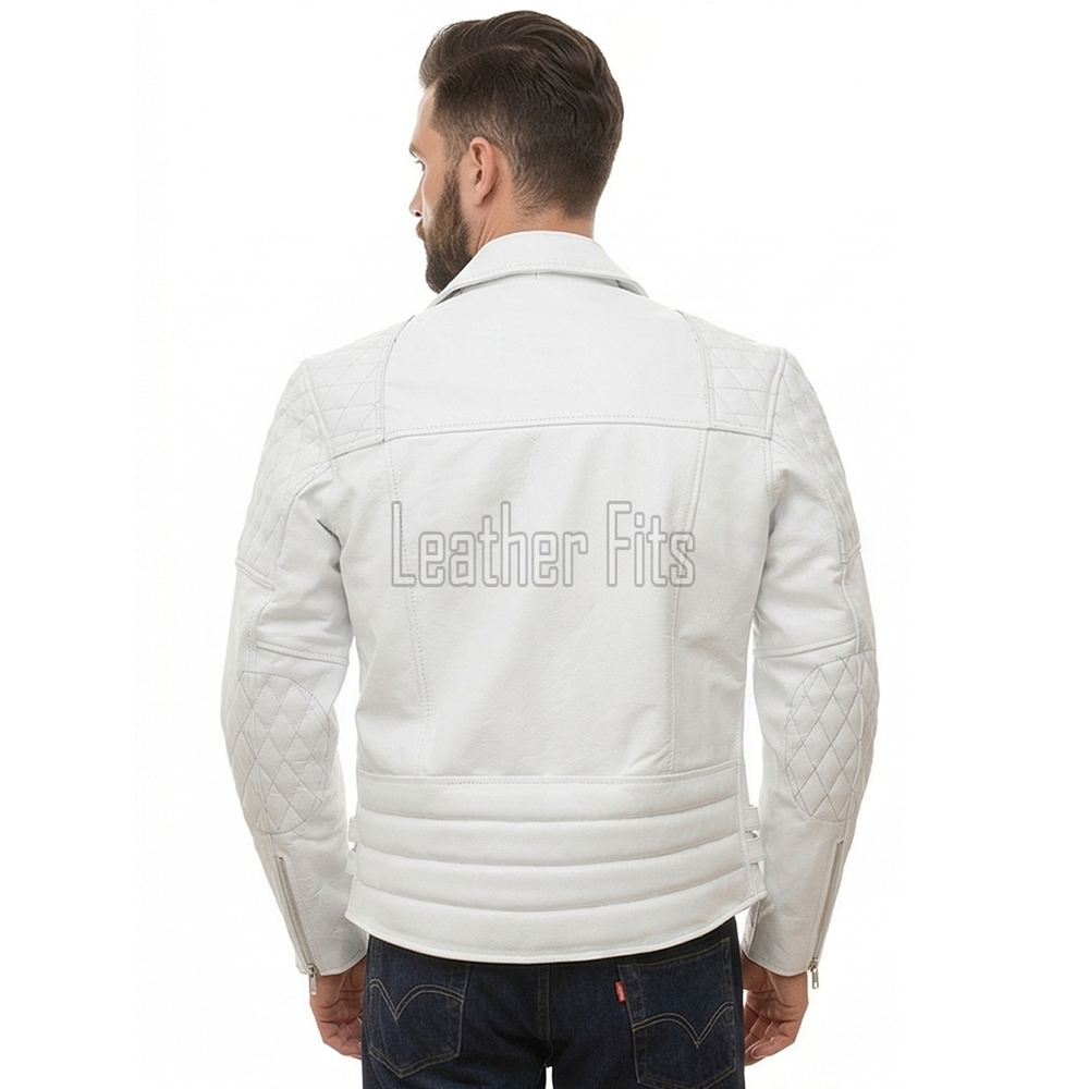 Men White Leather Biker Jacket | Vintage Diamond Quilted Asymmetric Motorcycle Coat | Premium Alabaster Leather Rider Side Buckle Shell