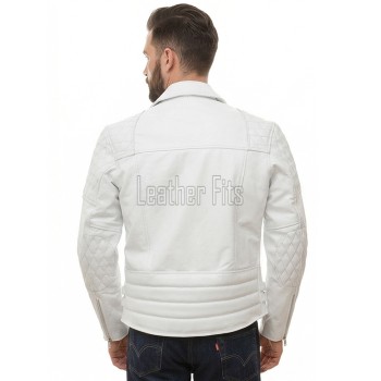 Men White Leather Biker Jacket | Vintage Diamond Quilted Asymmetric Motorcycle Coat | Premium Alabaster Leather Rider Side Buckle Shell