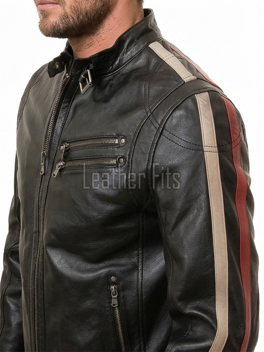Men Black Leather Cafe Racer Jacket | Vintage Retro Striped Motorcycle Coat | Premium Distressed Lambskin Rider Side Buckle Biker Outerwear